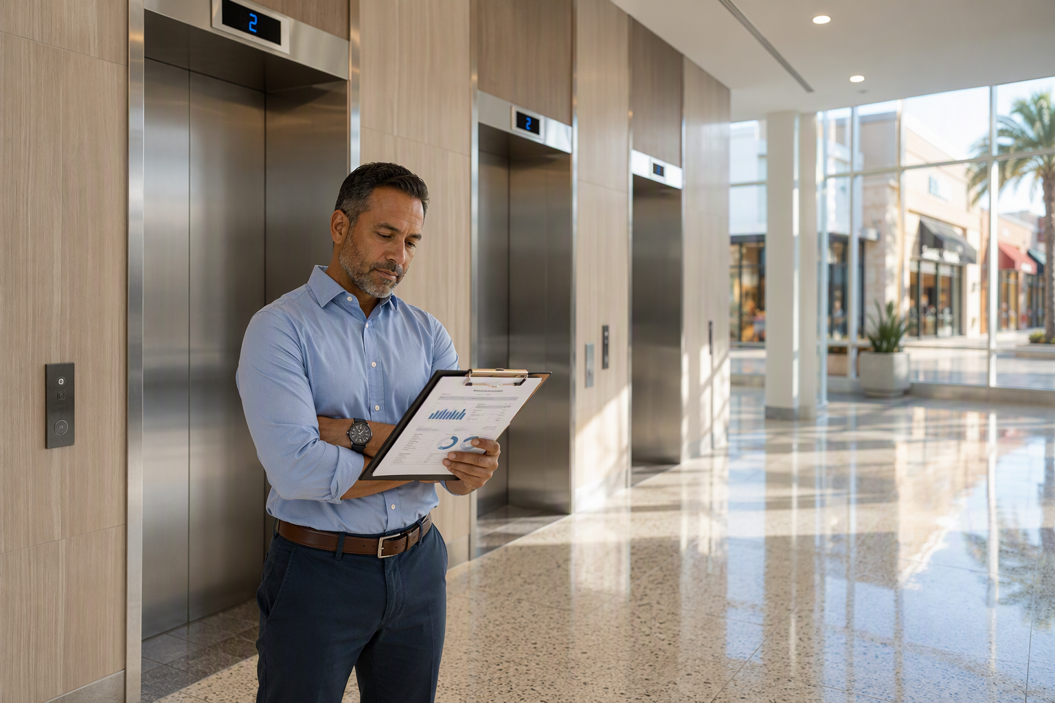 Retail property owner reviewing elevator modernization energy audit in a Florida shopping center lobby with stainless steel elevator doors and LED lighting