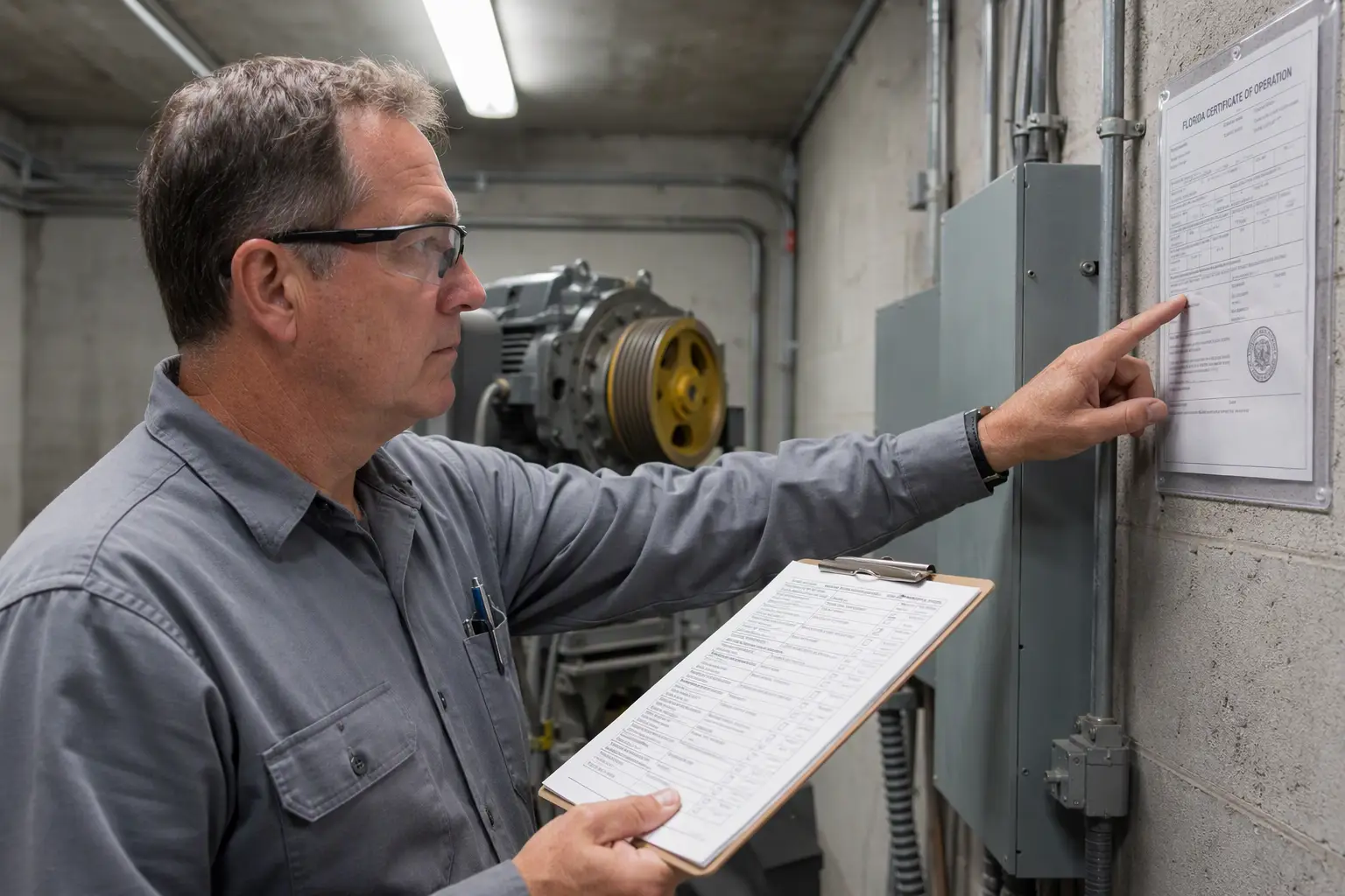Certified elevator inspector reviewing a certificate of operation and inspection checklist in a Florida assisted living facility machine room under Chapter 399 Florida Statutes compliance.