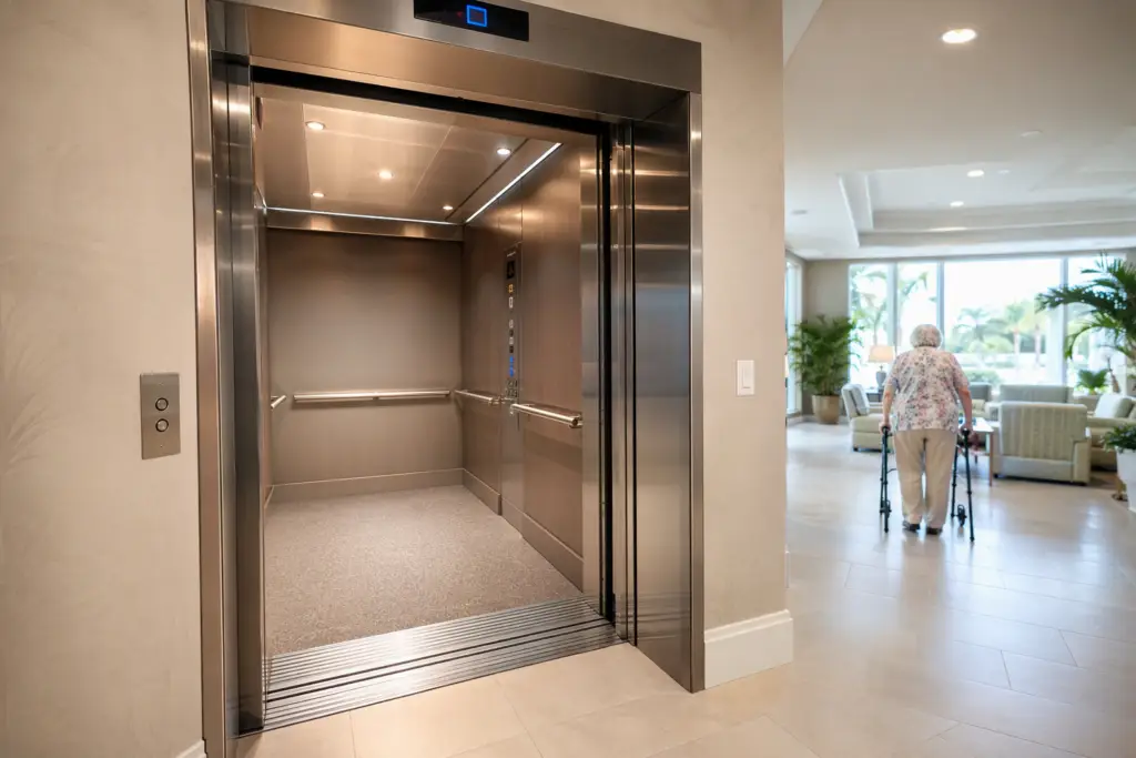 ADA-compliant elevator with open stainless-steel doors and interior handrails in a bright Florida assisted living facility lobby, meeting Florida Chapter 399 modernization requirements.