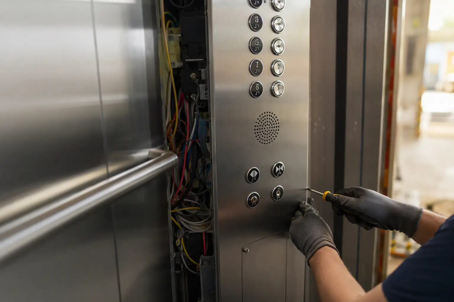 Newly modernized elevator cab control panel with ADA Braille buttons, two-way emergency communication, and updated fixtures meeting ASME A17.1-2019 requirements for Florida senior living facilities.