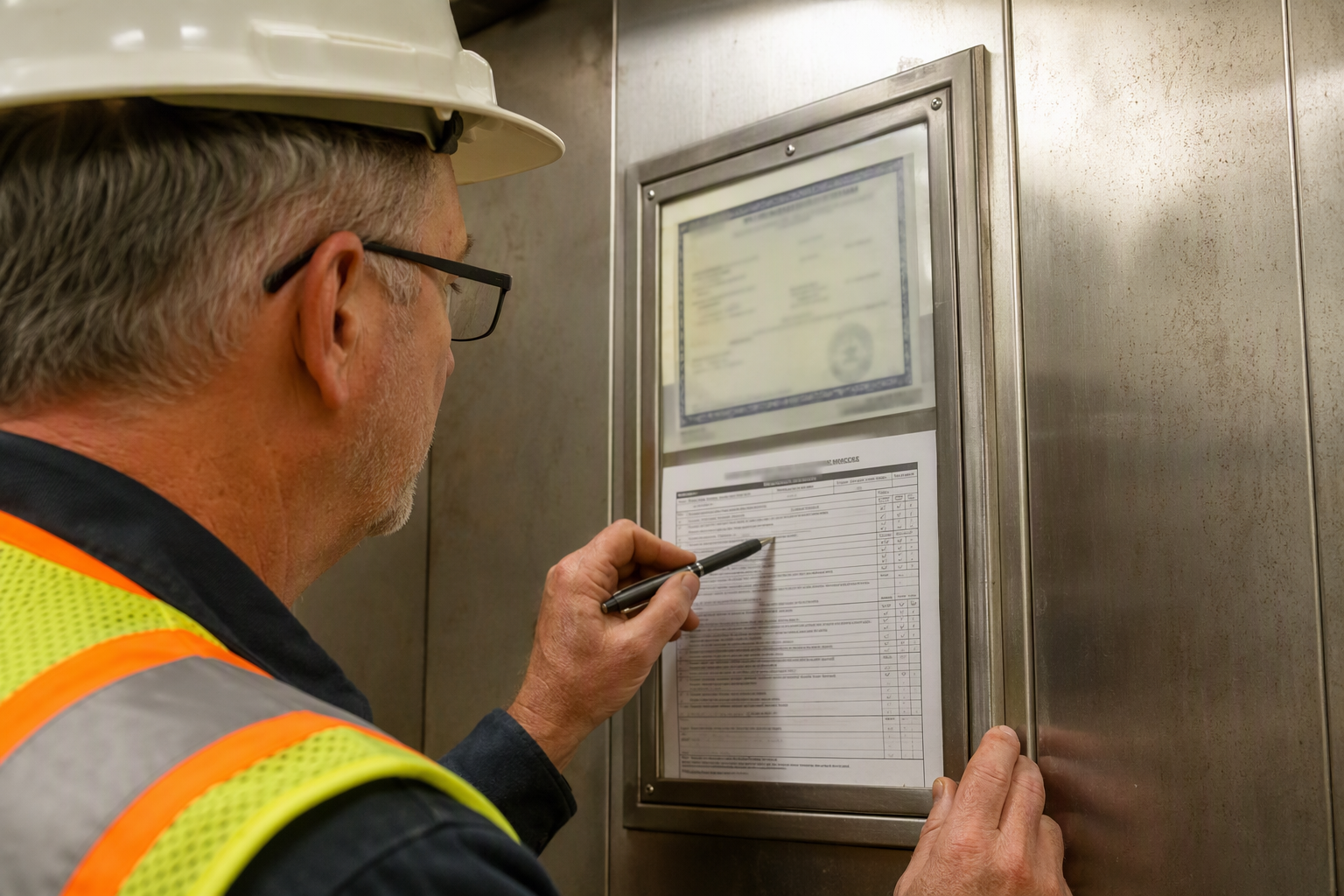 Florida Elevator Safety Inspection and Code Compliance Review Florida elevator inspector reviewing certificate of operation and compliance checklist inside an assisted living facility elevator cab undergoing modernization review