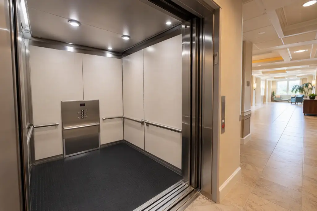 Modernized ADA-compliant elevator cab interior in a Florida assisted living facility showing wide door, Braille controls, handrails, and precise floor-level alignment