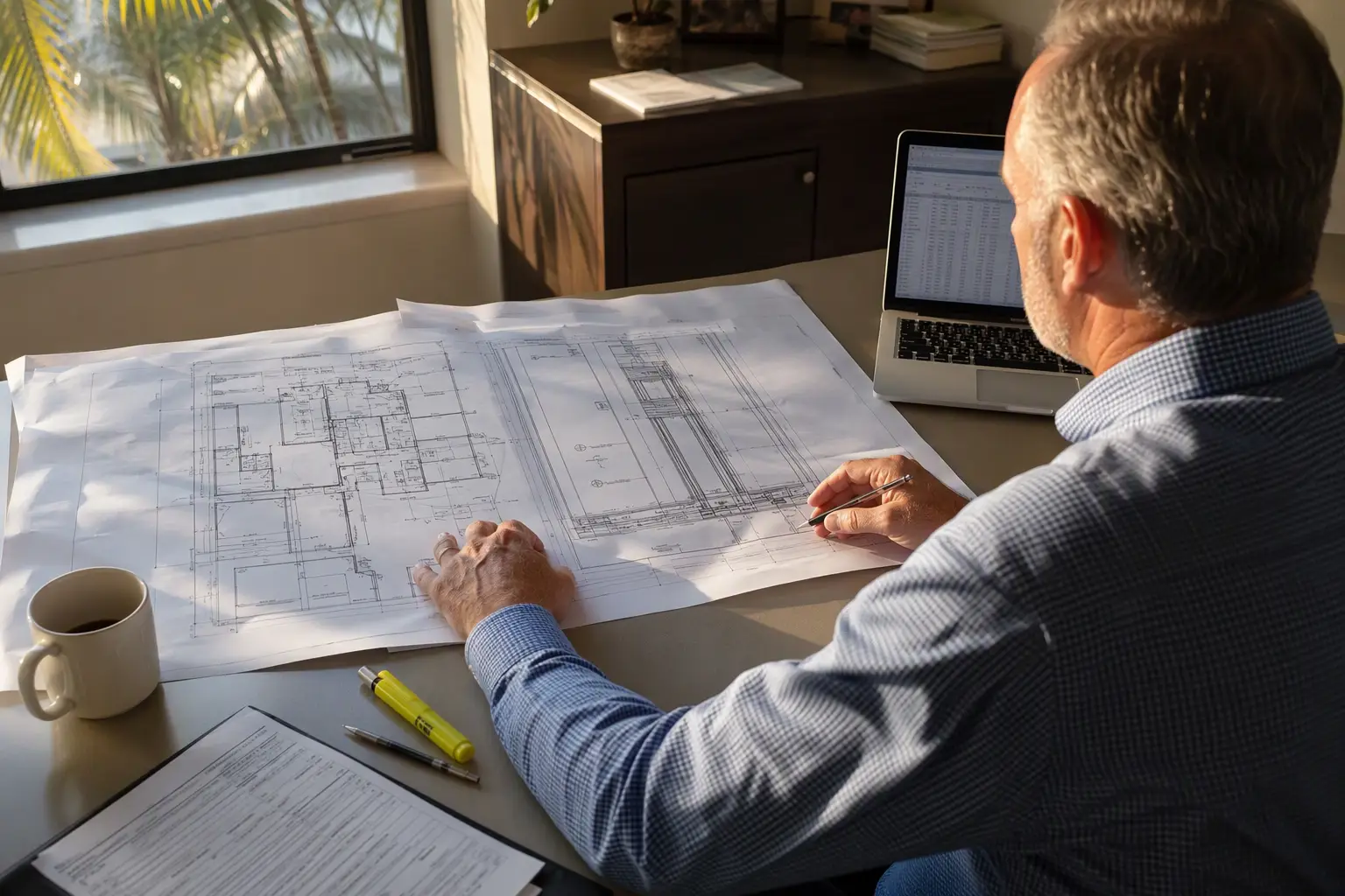Planning Elevator Modernization Upgrades for Florida Senior Living Assisted living facility manager reviewing elevator modernization drawings and permit documents at a desk in a Florida senior living administrative office