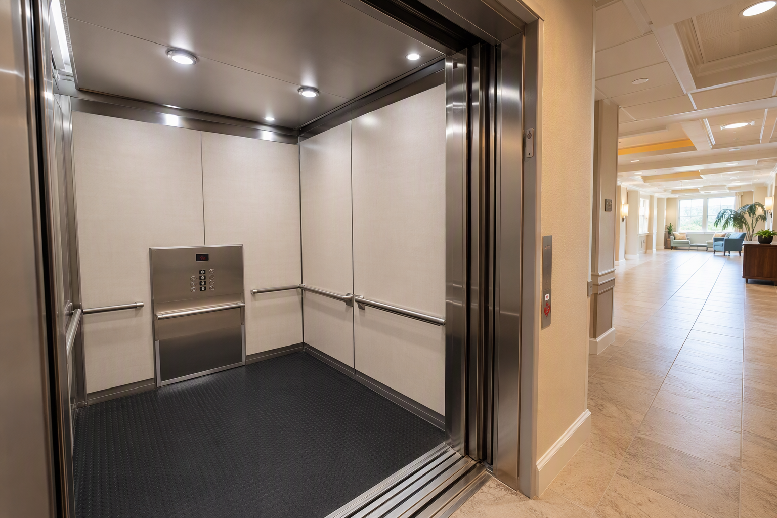 ADA-Compliant Elevator Modernization in Florida Assisted Living Modernized ADA-compliant elevator cab interior in a Florida assisted living facility showing wide door, Braille controls, handrails, and precise floor-level alignment