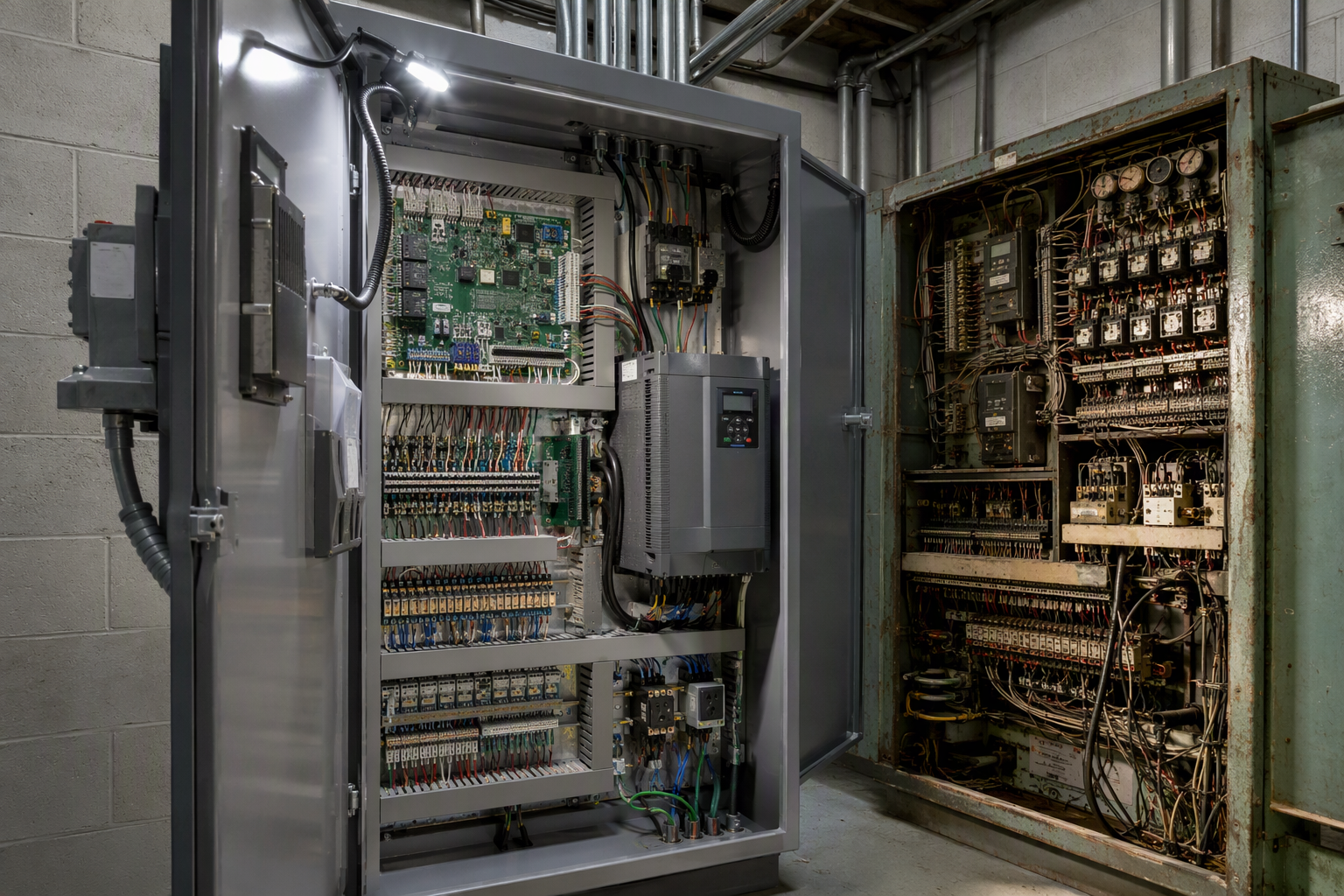 New microprocessor elevator controller installed beside a decommissioned relay-logic panel inside a Florida commercial building machine room during a full modernization upgrade.