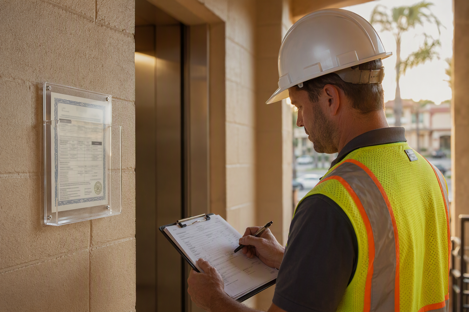 Licensed elevator inspector reviewing compliance paperwork beside a Florida DBPR elevator permit at a Sarasota retail building, representing code upgrade requirements under Chapter 399 Florida Statute