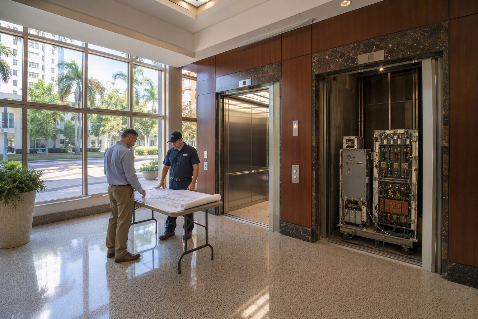 Building manager and elevator technician review modernization plans in a Florida mixed-use building lobby, comparing existing hoistway equipment with a newly renovated elevator cab interior.