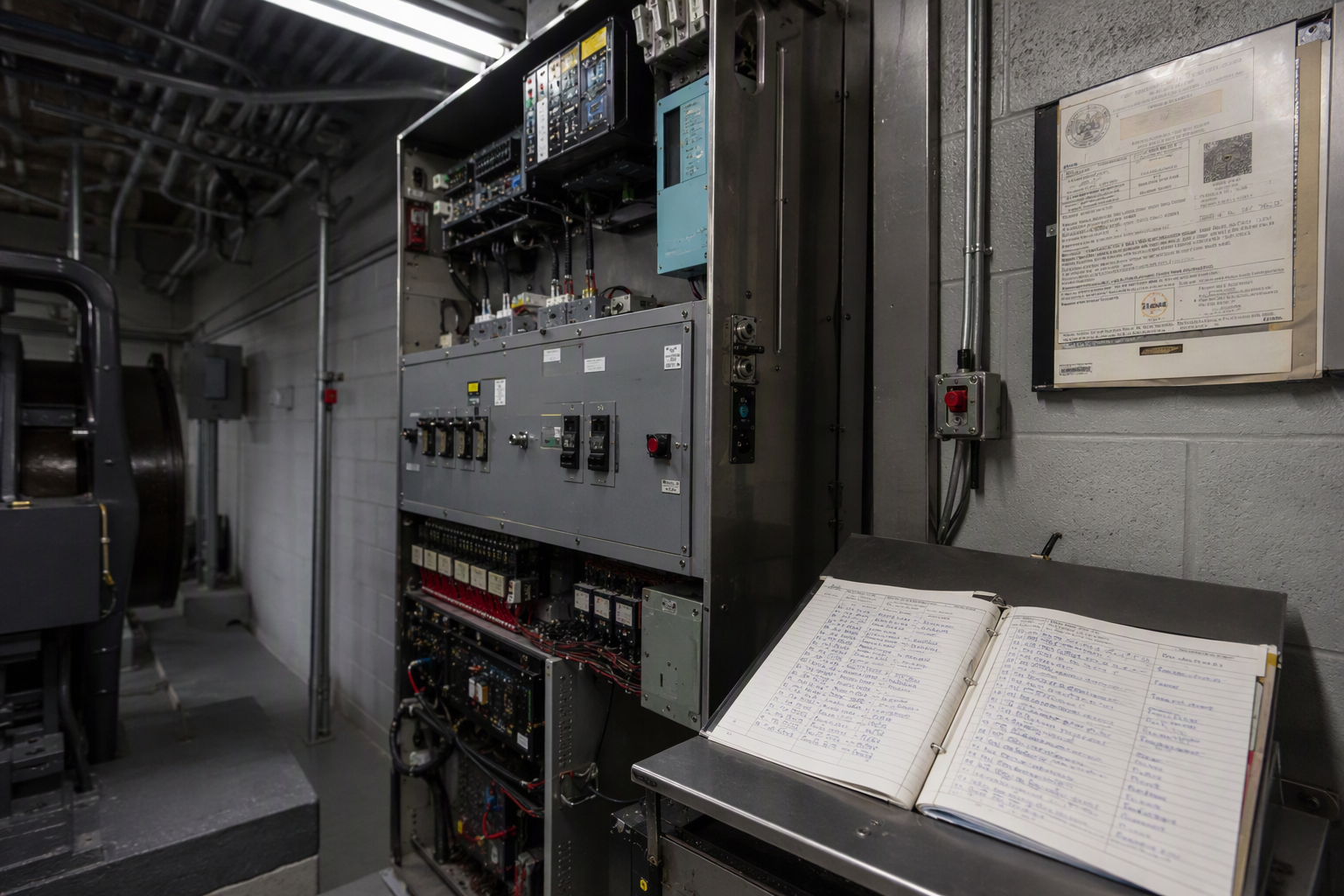 Elevator machine room controller and inspection logbook inside a Broward County commercial building, showing Florida elevator safety compliance records required under Chapter 399 Florida Statutes.