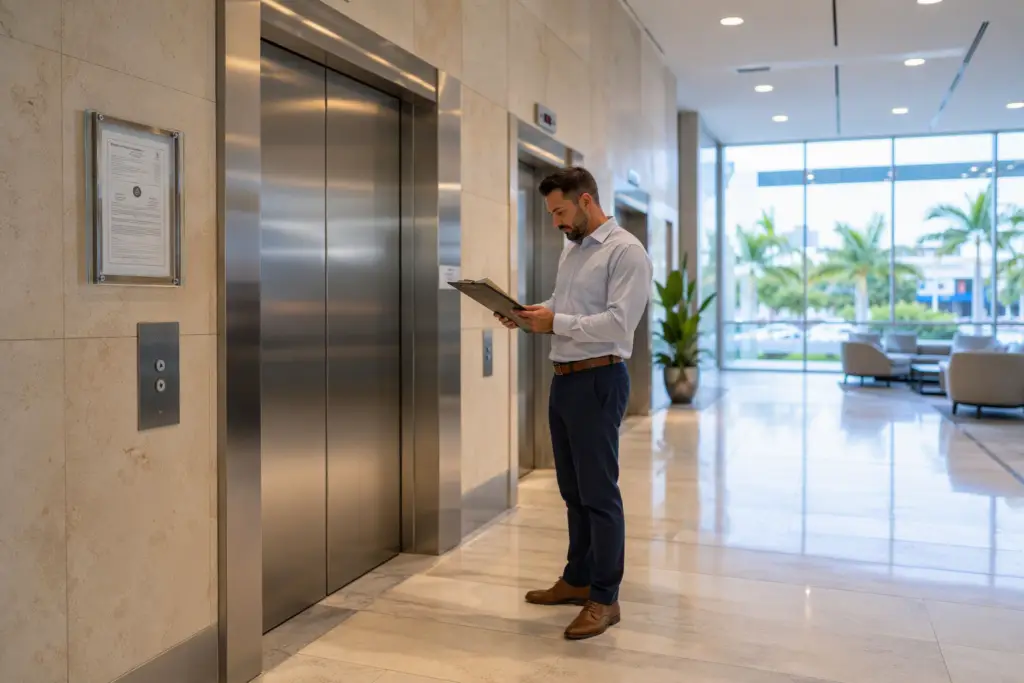 Property manager reviewing elevator lease agreement maintenance requirements in a multi-tenant commercial office building lobby in Pompano Beach, FL, with Florida certificate of operation posted near