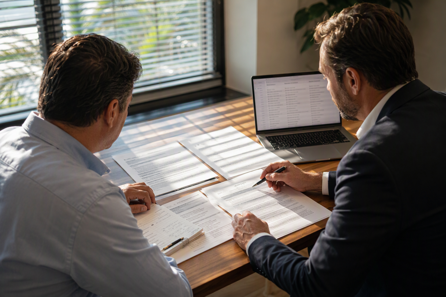 Building owner and attorney reviewing elevator maintenance clauses and service contract terms for a multi-tenant office lease agreement in Pompano Beach, FL.