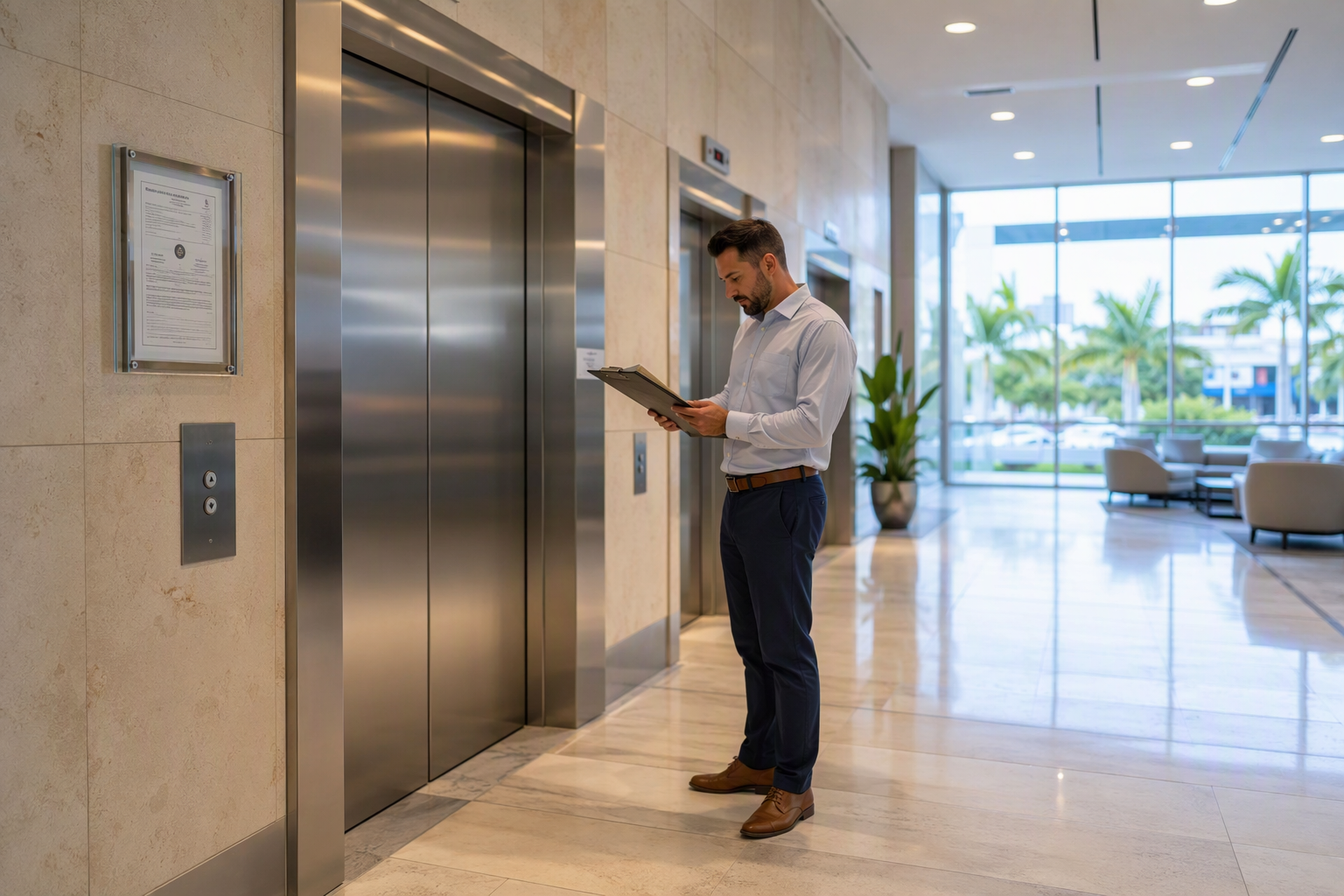 Property manager reviewing elevator lease agreement maintenance requirements in a multi-tenant commercial office building lobby in Pompano Beach, FL, with Florida certificate of operation posted near 