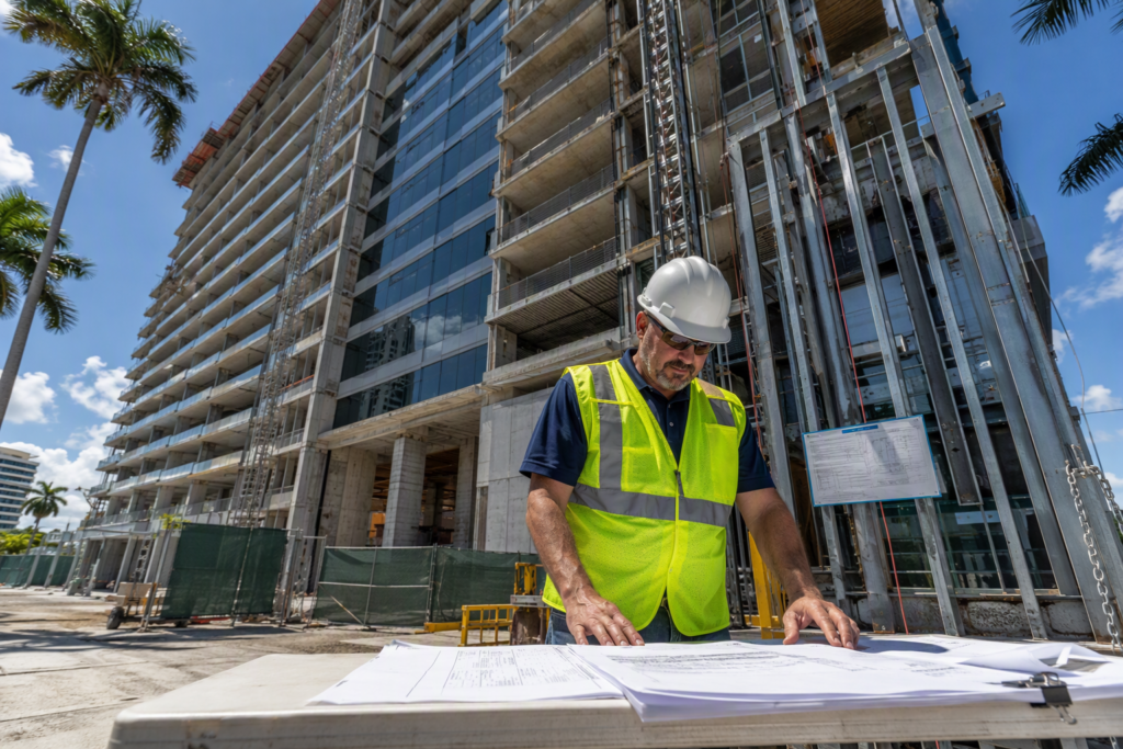 Elevator installation technician reviewing permit drawings at a commercial construction site in Pompano Beach Florida, with hoistway framing visible in background.