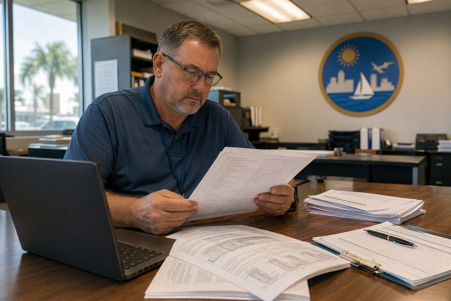 Certified elevator inspector reviewing a commercial elevator permit application and ASME code checklist at a Broward County building department office in Florida.