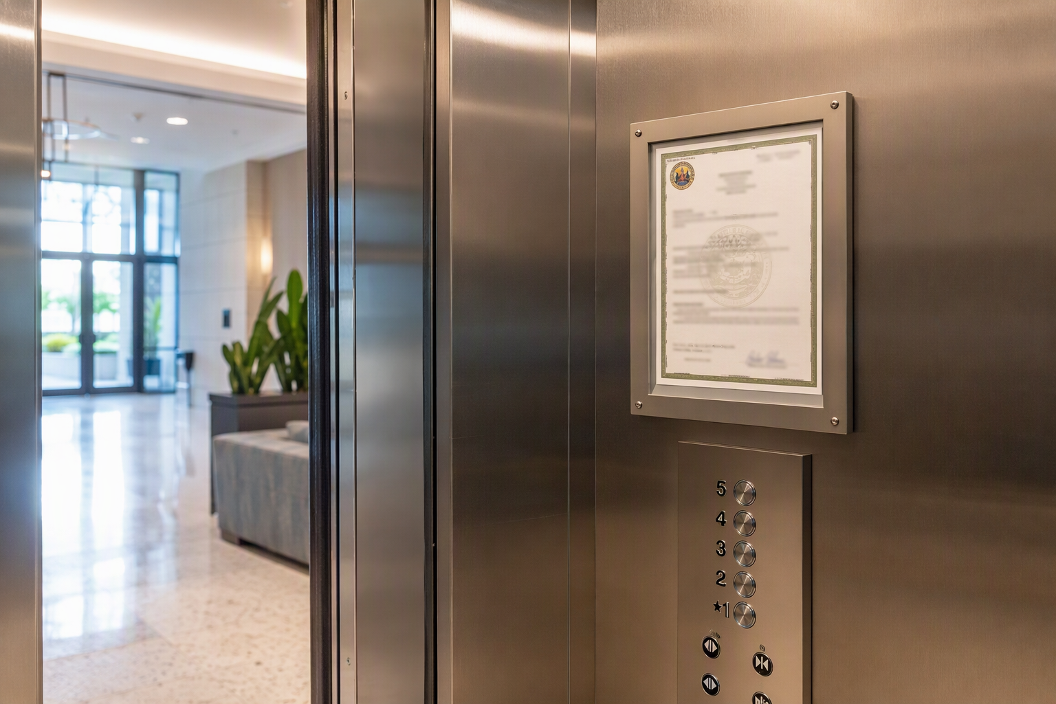 New commercial elevator cab interior in a Pompano Beach Florida building displaying a Florida Certificate of Operation after passing a pre-use inspection.