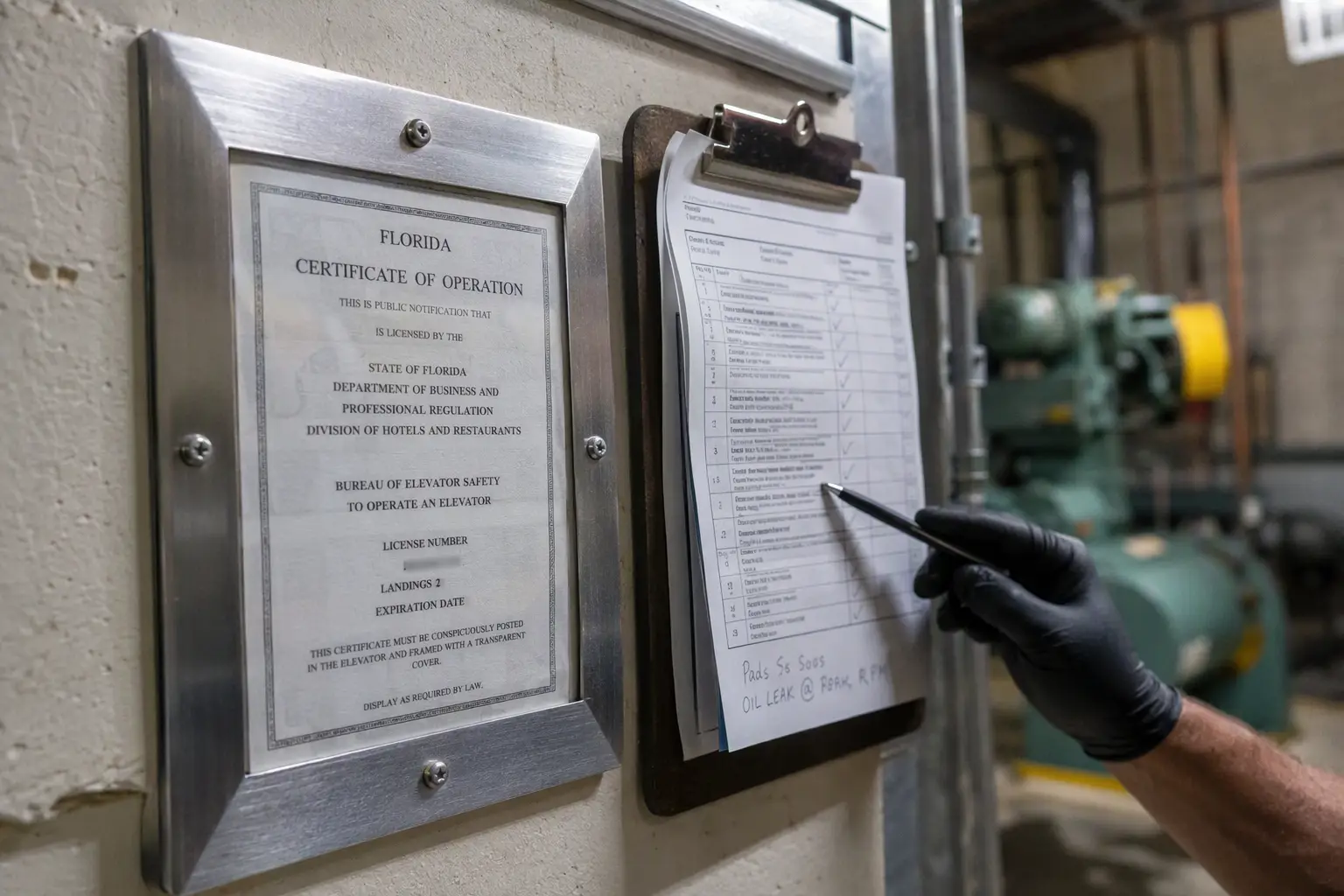 Florida Elevator Compliance Certificate Review Elevator inspector reviewing Florida DBPR certificate of operation and compliance checklist in a Sarasota commercial building machine room, a key factor in the repair vs. replace decision.