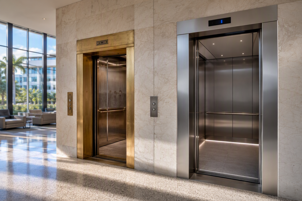 Side-by-side aging and modernized commercial elevator cabs in a Sarasota FL office building lobby, illustrating the repair vs. full replacement decision for building owners.