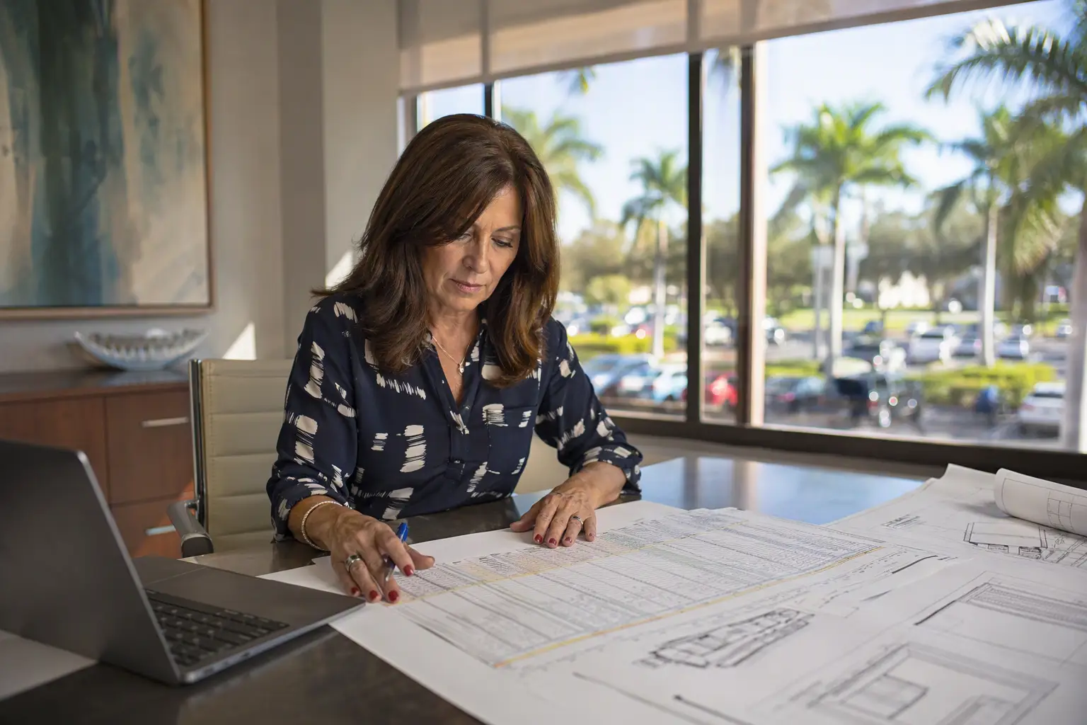 Building Manager Comparing Elevator Repair and Replacement Costs Sarasota commercial building property manager reviewing elevator repair versus full replacement cost comparison spreadsheet and modernization blueprints at an office desk.