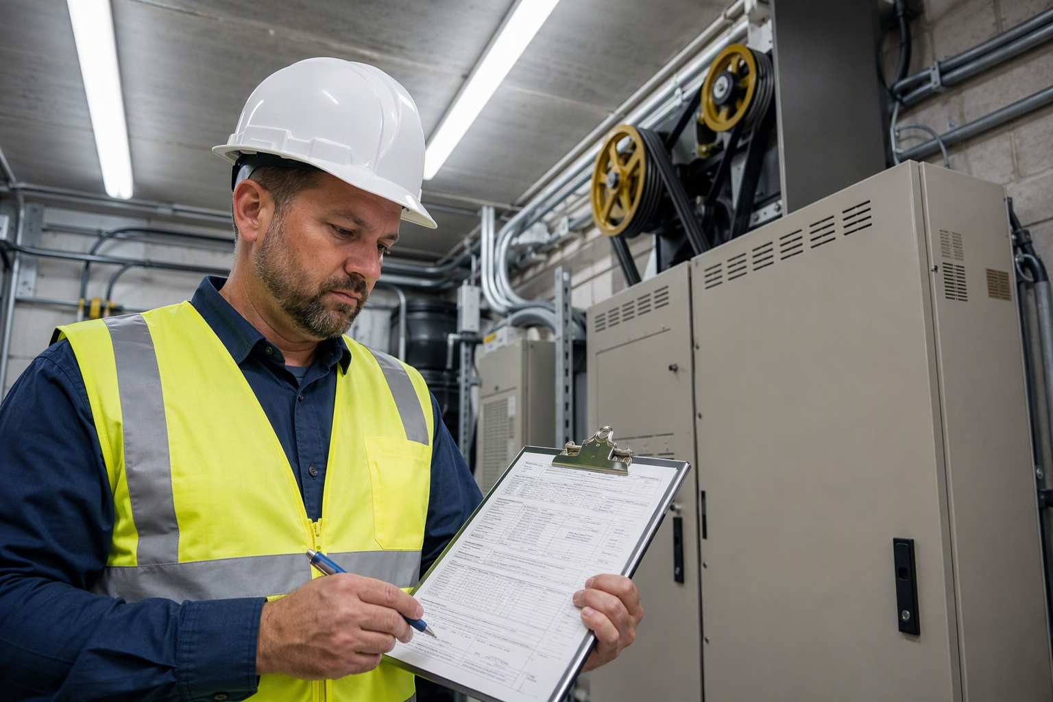 Annual Elevator Inspection Documentation — Florida Senior Facility Certified elevator inspector reviewing Florida DBPR inspection paperwork in the machine room of a senior living facility under Chapter 399 compliance