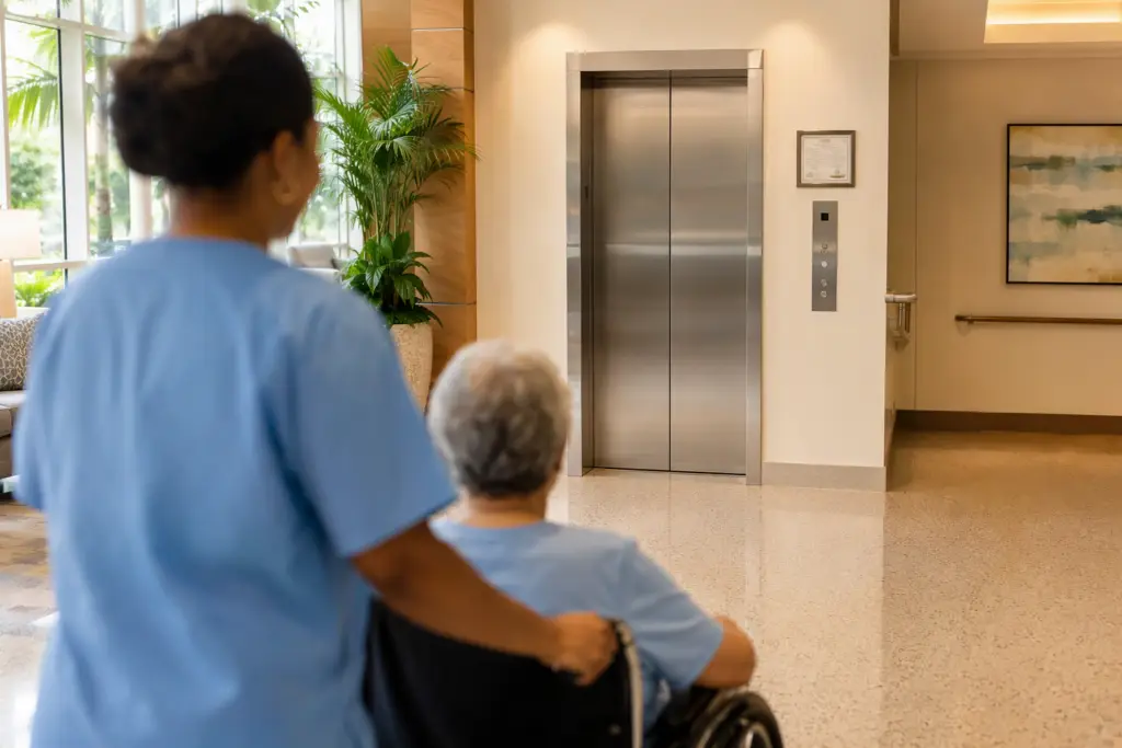 Stainless-steel elevator doors with ADA call buttons and certificate of operation in a Florida assisted living facility lobby serving senior residents