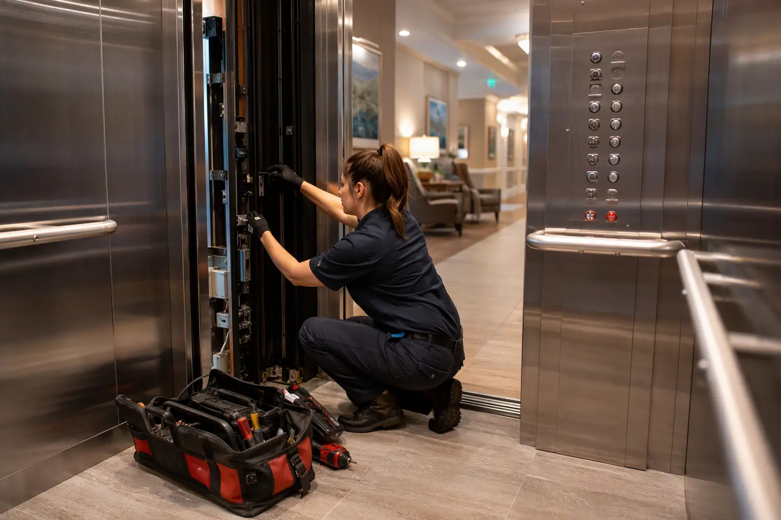 ADA-Compliant Elevator Cab Maintenance in Florida Senior Housing Elevator maintenance technician servicing ADA-compliant cab door operator inside a senior living facility elevator in Florida, showing handrails and Braille control panel