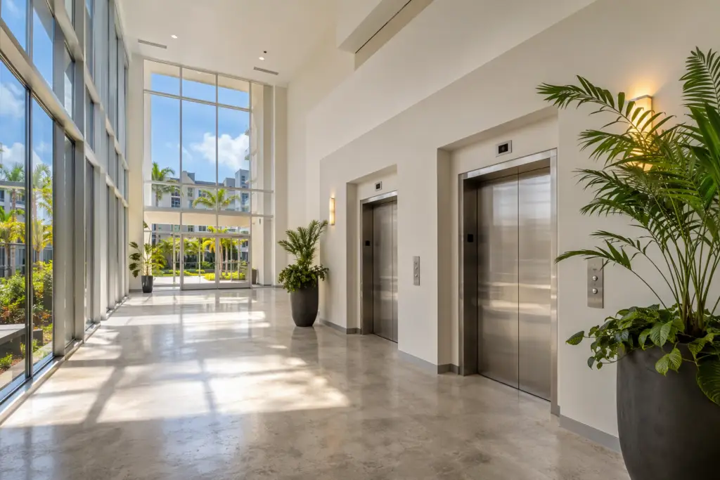Newly constructed Florida apartment building lobby showing a bank of two ADA-compliant stainless-steel elevator doors, demonstrating elevator requirements for new multifamily construction in Florida.