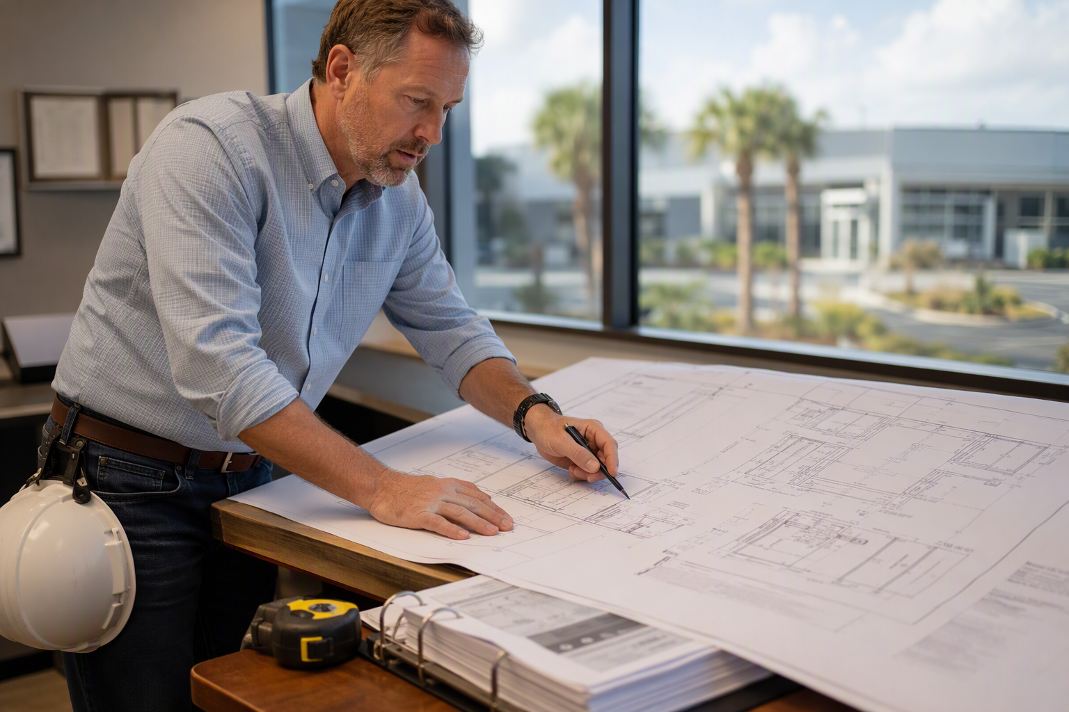 Reviewing Elevator Shaft and Capacity Plans Building manager reviewing warehouse elevator shaft dimension plans and Florida ASME A17.1 capacity specifications at a drafting desk before filing a DBPR installation permit.