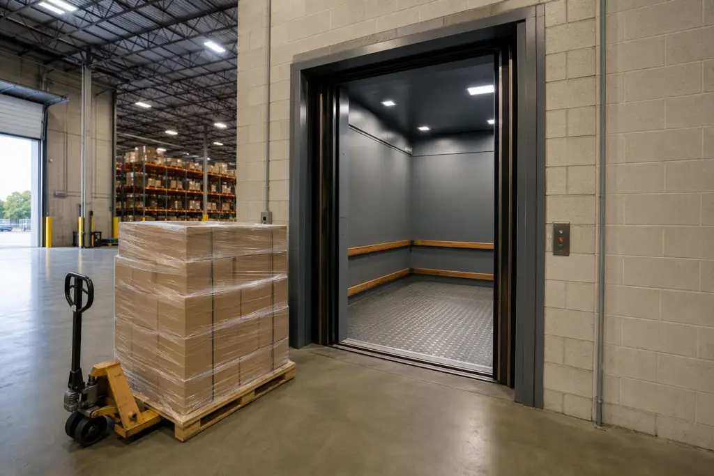 Industrial freight elevator with open bi-parting doors inside a Florida warehouse, a loaded pallet jack in foreground illustrating capacity and traffic planning decisions before installation.