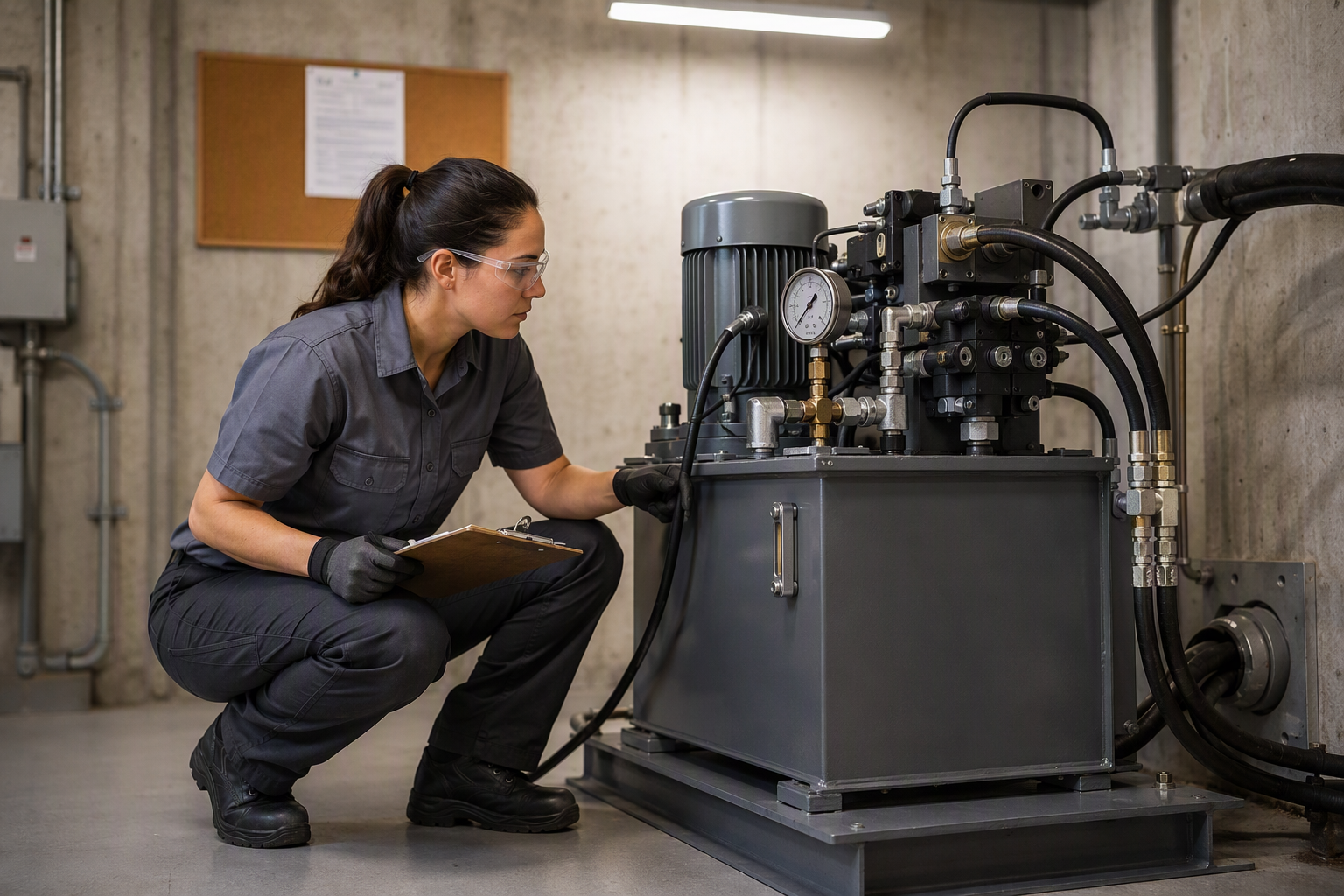 Hydraulic Drive System Inspection — Industrial Machine Room Elevator technician inspecting a hydraulic power unit in a Florida warehouse machine room, illustrating drive system selection and compliance for industrial elevator installations.