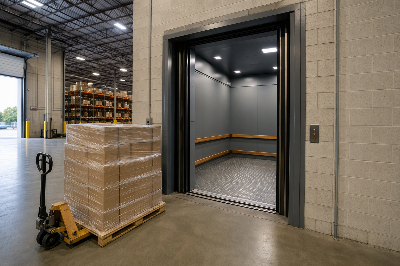 Florida Warehouse Freight Elevator — Capacity Planning Industrial freight elevator with open bi-parting doors inside a Florida warehouse, a loaded pallet jack in foreground illustrating capacity and traffic planning decisions before installation.