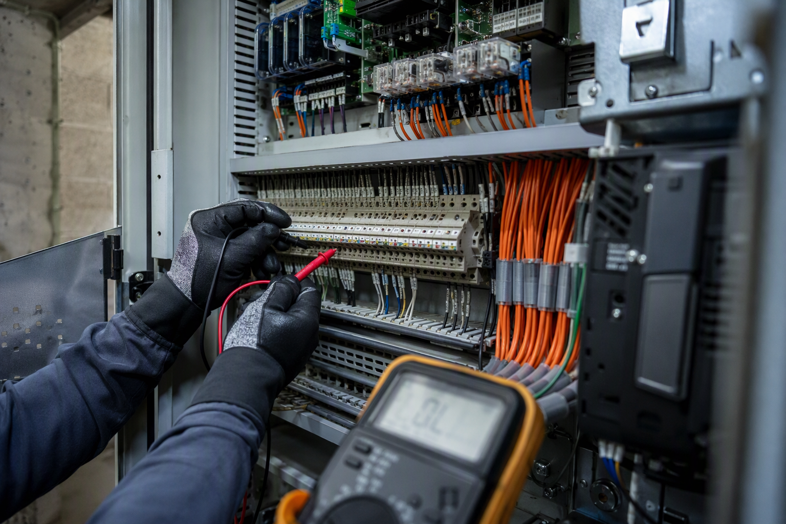 Elevator technician using a multimeter to diagnose a controller fault inside a machine room during an emergency elevator repair in Pompano Beach, Florida.