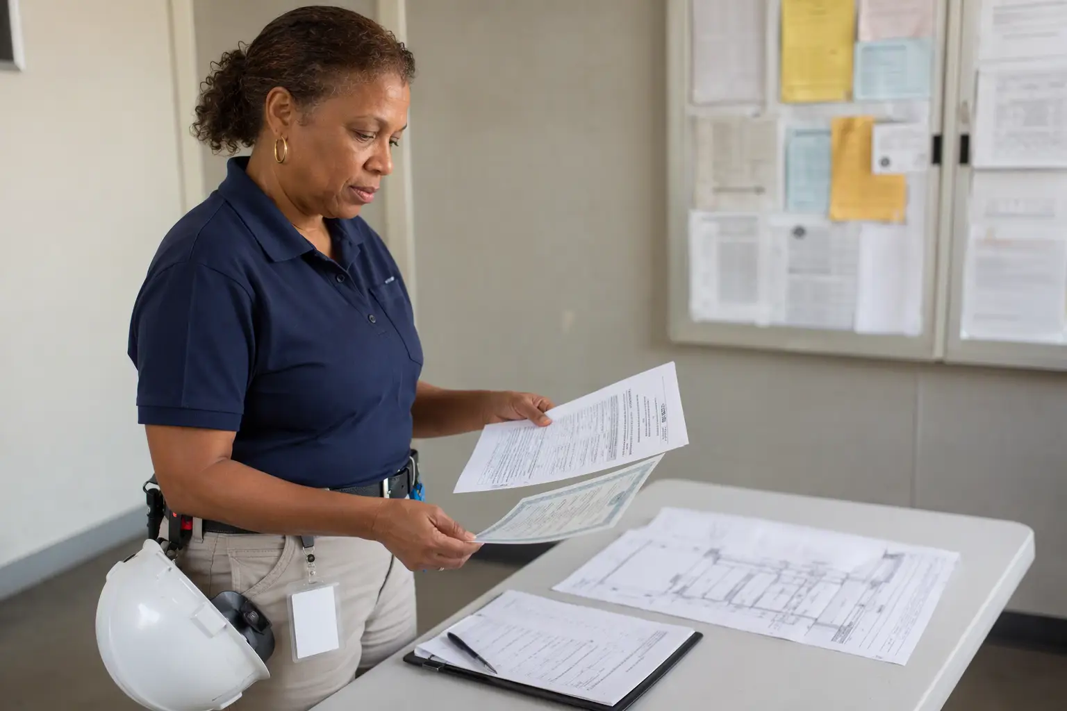 Broward County certified elevator inspector reviewing a Florida certificate of operation and compliance documents required before returning a repaired elevator to service in Pompano Beach.