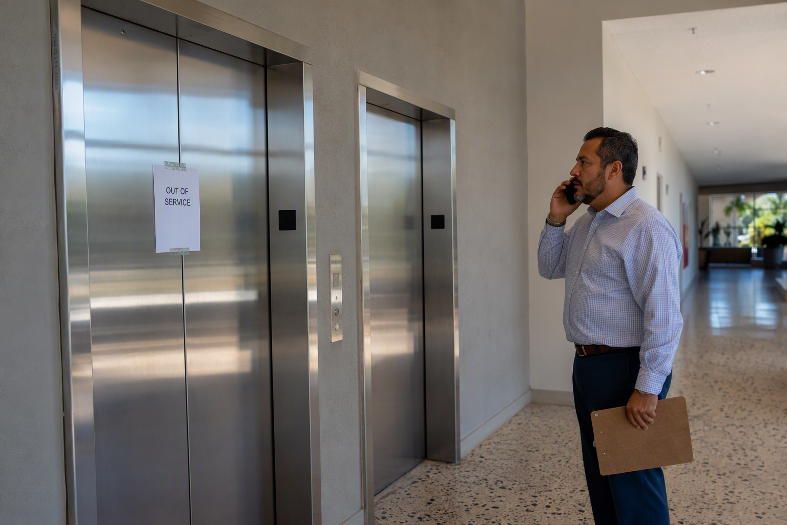 Building manager in Pompano Beach FL standing beside closed, out-of-service elevator doors after an unexpected breakdown, coordinating emergency elevator repair by phone.