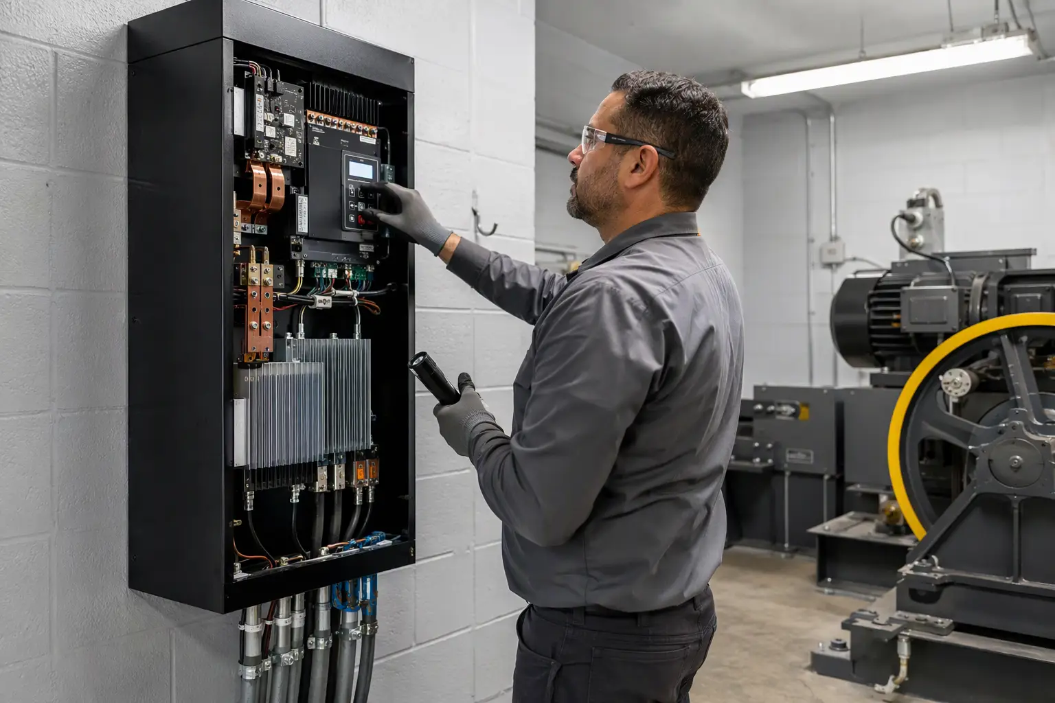 Regenerative Drive Installation in Machine Room Elevator technician adjusting a regenerative variable-frequency drive in a Florida commercial building machine room, an upgrade that returns energy to the building grid