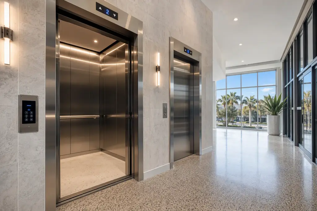 Modernized office building elevator lobby in Florida with LED hall lanterns, digital dispatch keypads, and energy-efficient cab lighting upgrades visible