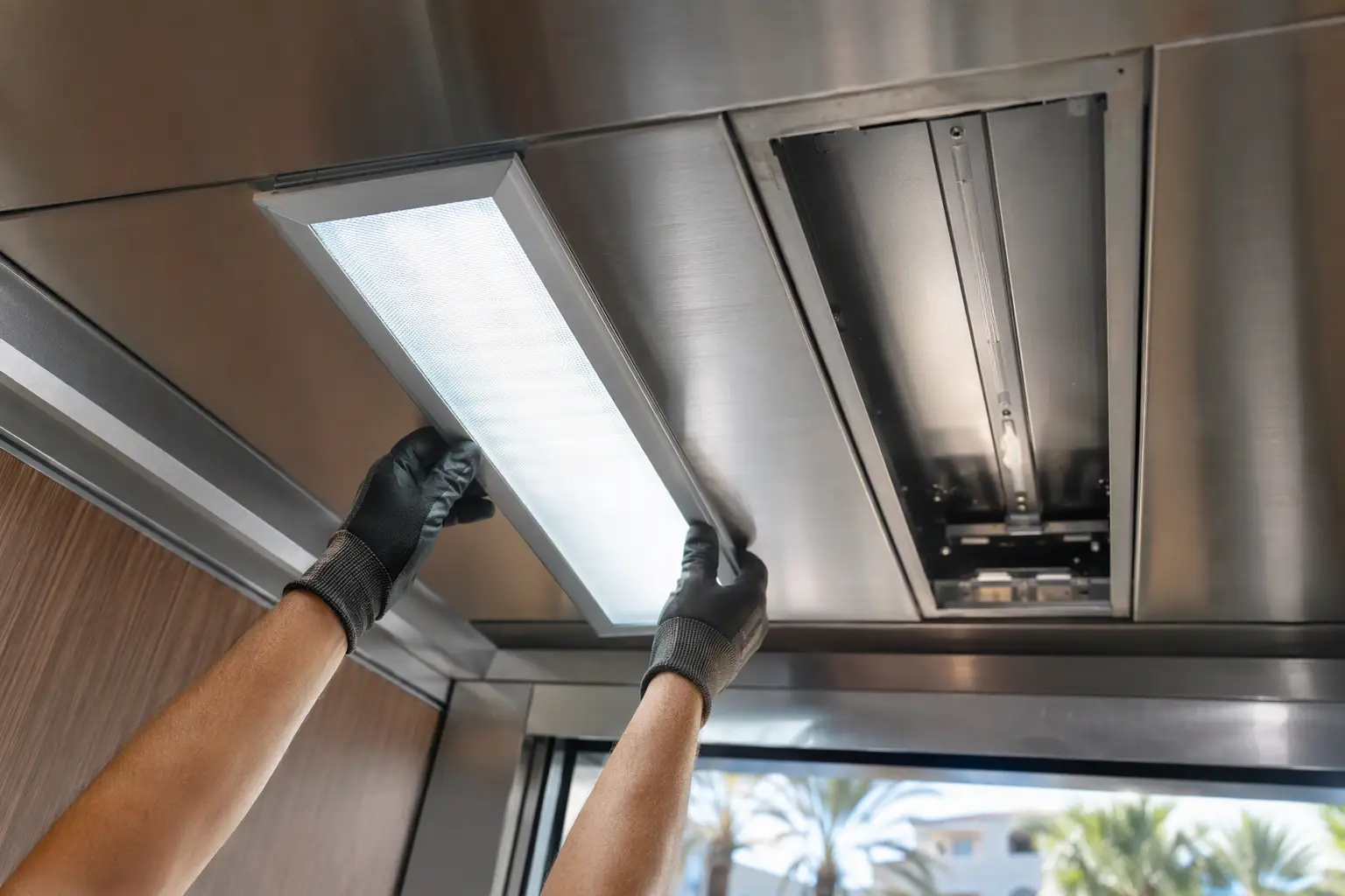 LED Cab Lighting Upgrade Detail Close-up of a technician installing a recessed LED light panel in an elevator cab ceiling during an energy-saving lighting upgrade in a Florida commercial building
