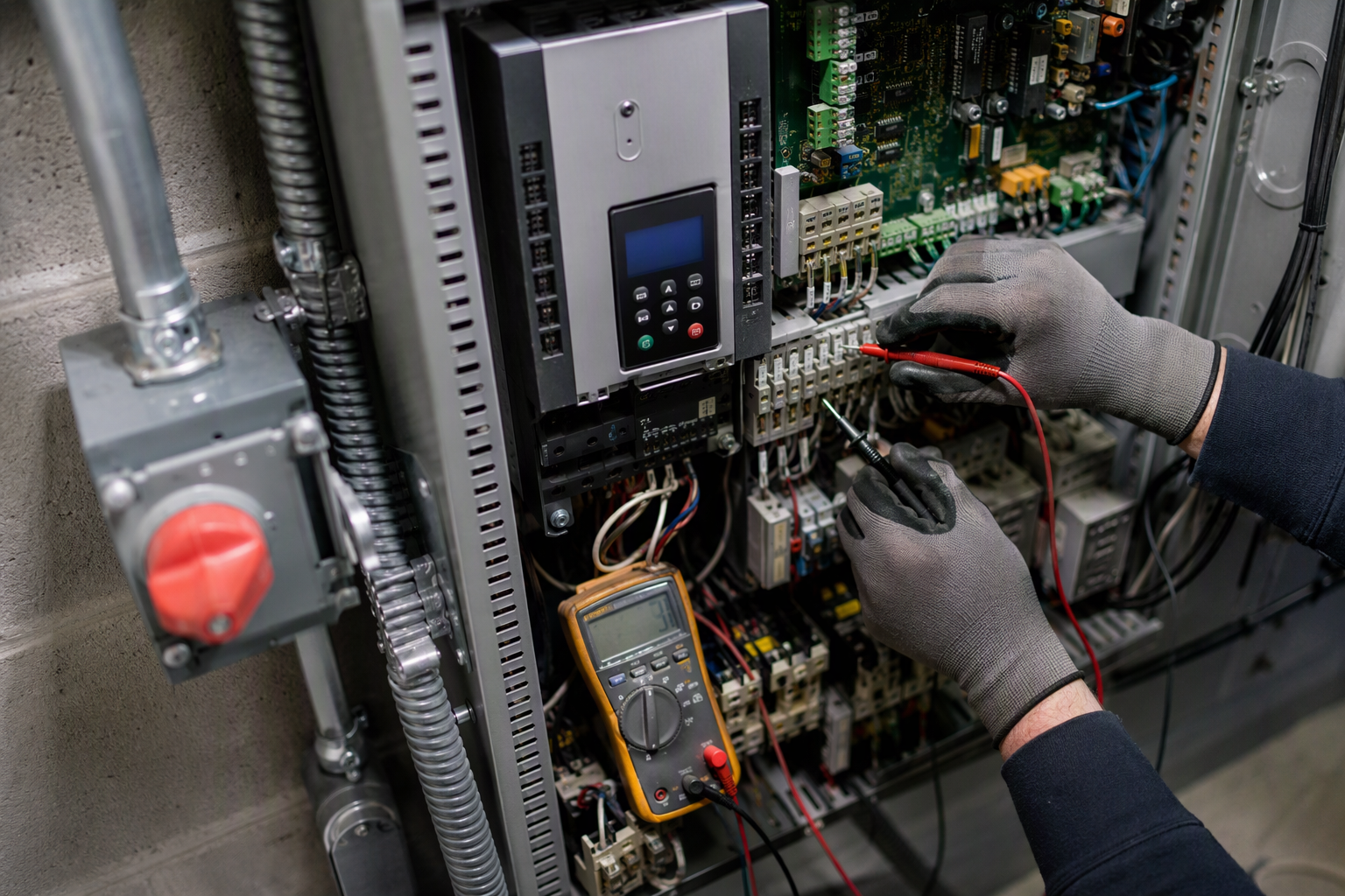 Machine-Room Controller Upgrade — Elevator Modernization Detail Elevator modernization technician testing a solid-state drive controller inside a Florida commercial building machine room during a 2026 code compliance upgrade project.