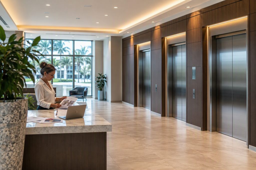 Commercial elevator lobby in a South Florida office building where a property manager reviews elevator modernization financing options for 2026 and 2027 compliance upgrades.
