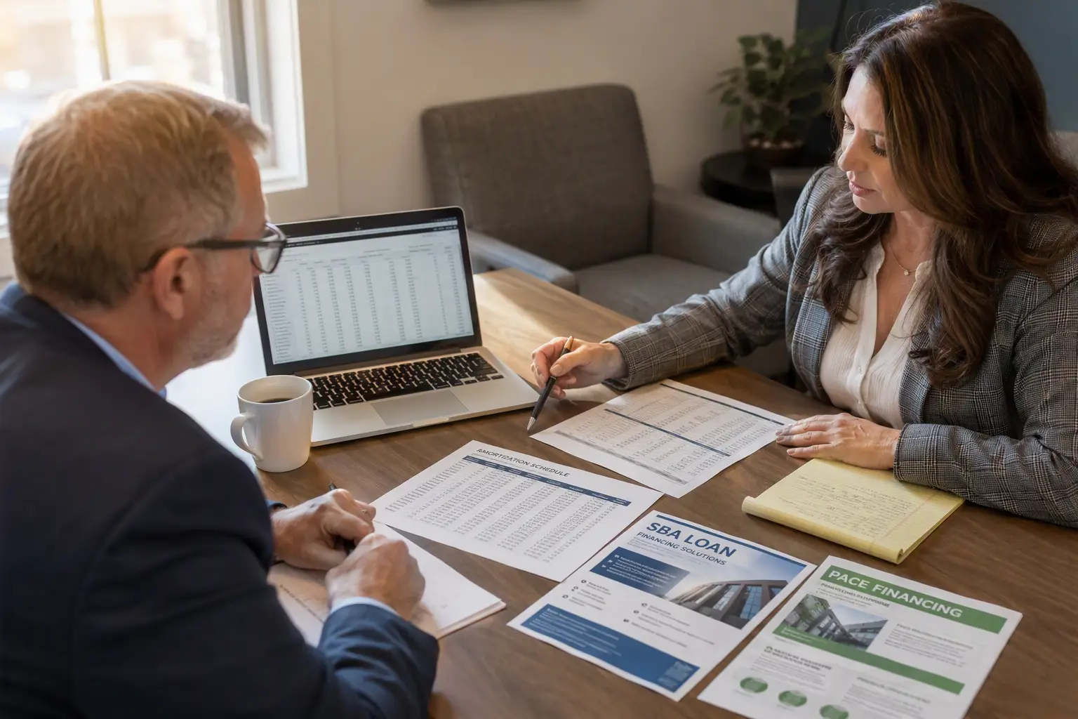 Elevator Modernization Financing Consultation — Florida Property Owner Florida commercial building owner and financial advisor reviewing SBA loan, PACE financing, and equipment leasing options for elevator modernization costs in 2026 and 2027.