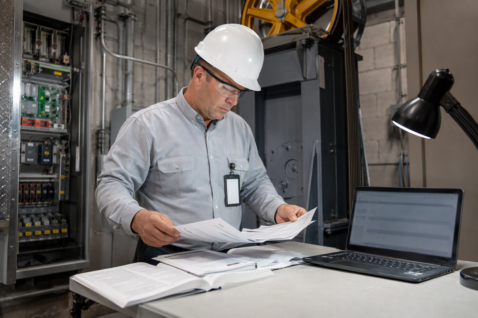 Certified elevator inspector reviewing DBPR permit documents in a machine room during a first-time elevator inspection in Broward County Florida