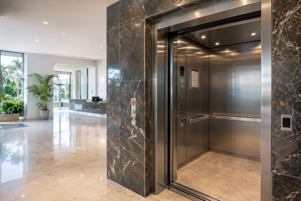 Newly installed commercial elevator in a Pompano Beach FL building lobby with certificate of operation posted inside the cab after first-time inspection