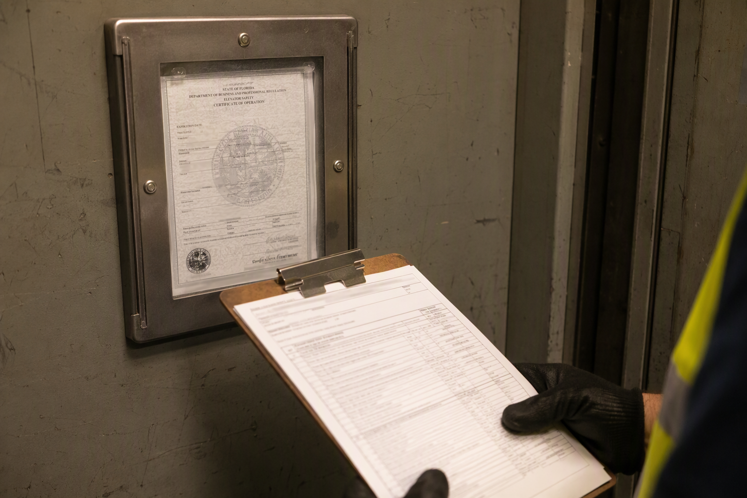 Florida Freight Elevator Certificate of Operation Certified elevator inspector reviewing inspection checklist beside a posted Florida certificate of operation inside a freight elevator cab at a warehouse facility