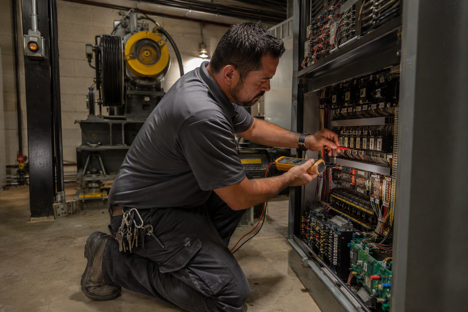 Freight Elevator Machine Room Maintenance Elevator technician servicing machine room controller for a freight elevator in a Florida industrial building, part of required ASME A17.1 maintenance compliance