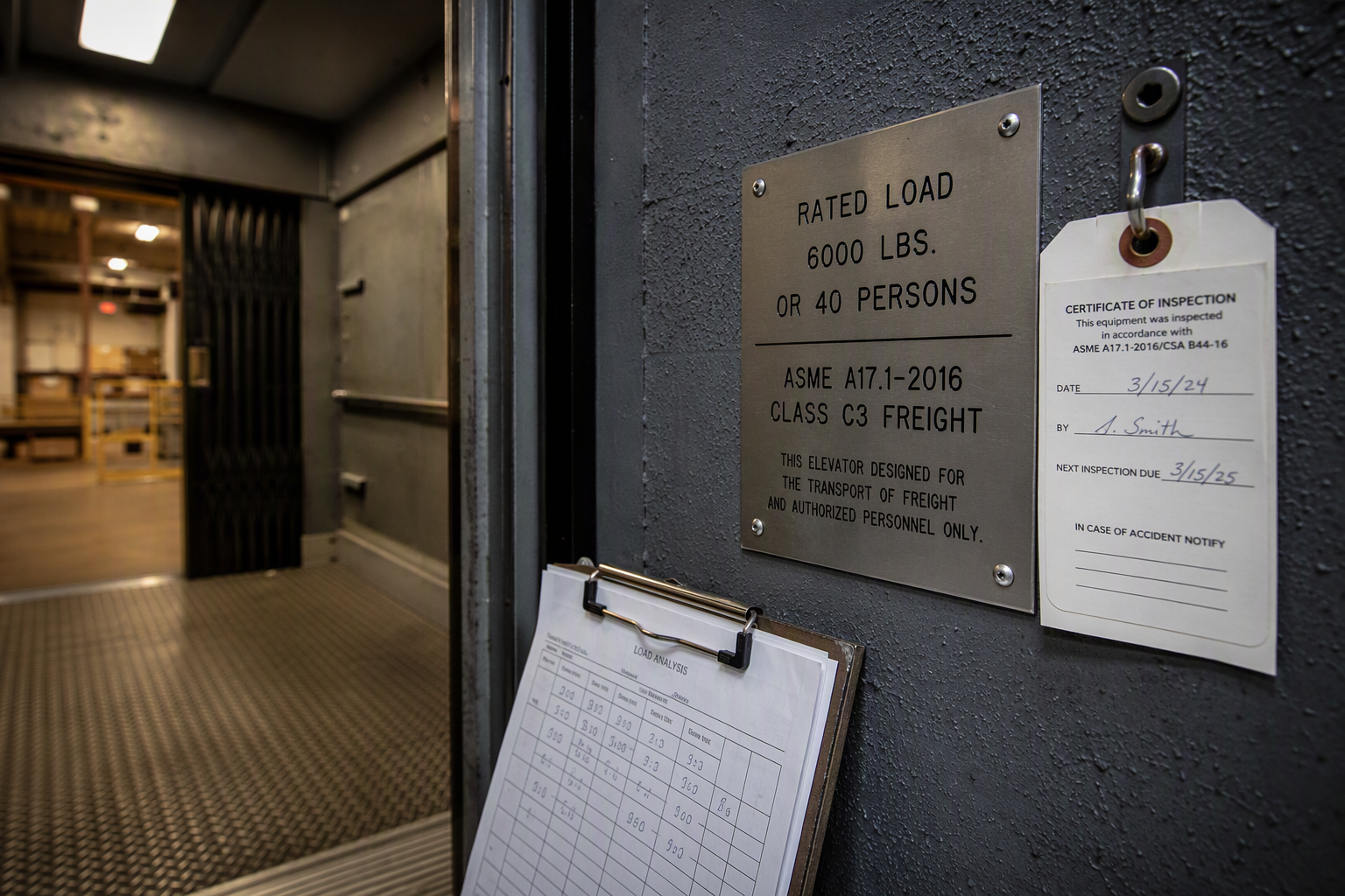 ASME freight elevator capacity and class designation placard inside reinforced industrial elevator cab showing compliance with elevator safety code requirements