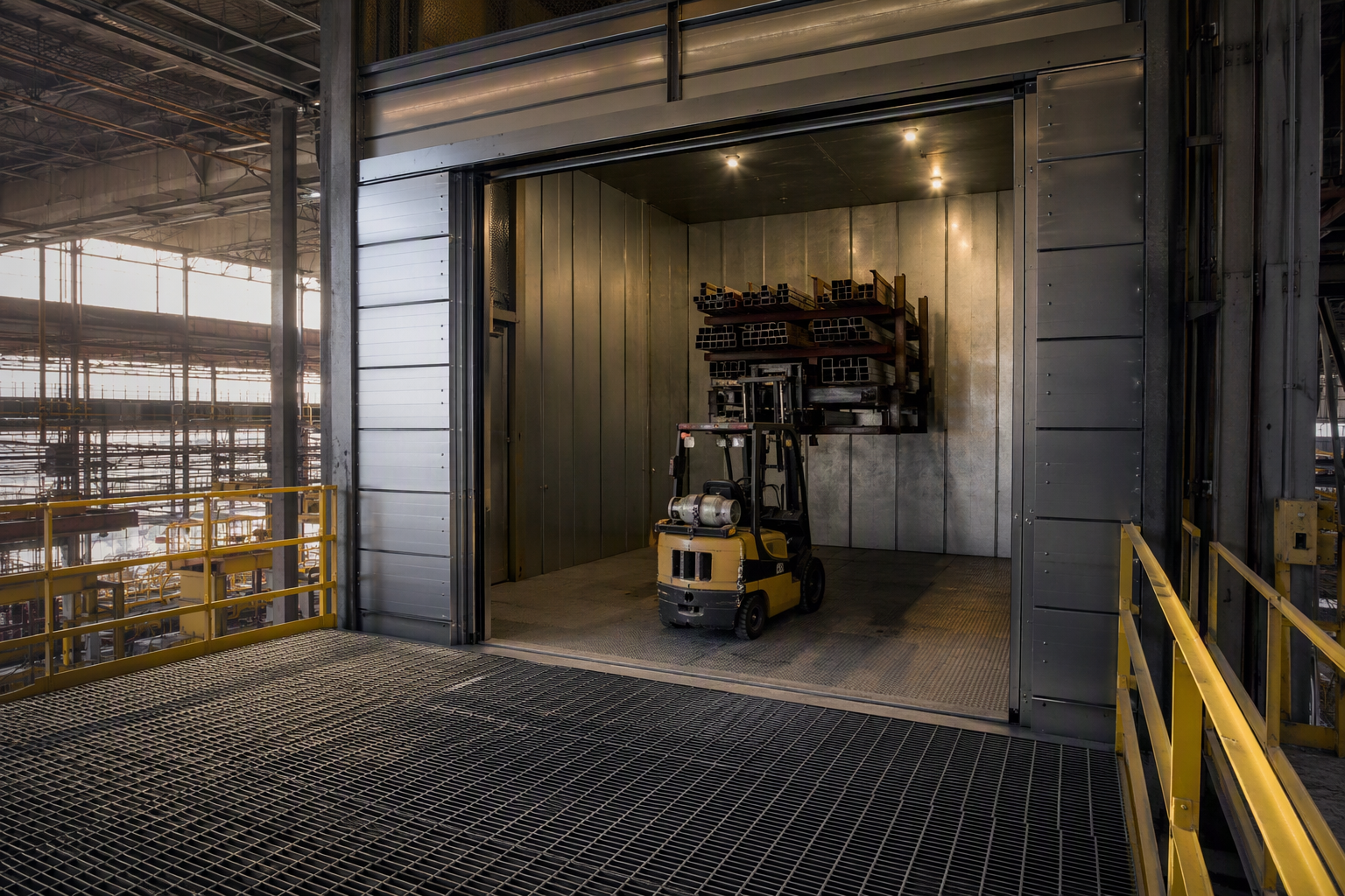 Oversized industrial freight elevator platform with extended ceiling height accommodating sit-down forklift and tall racked loads at warehouse mezzanine level in Florida