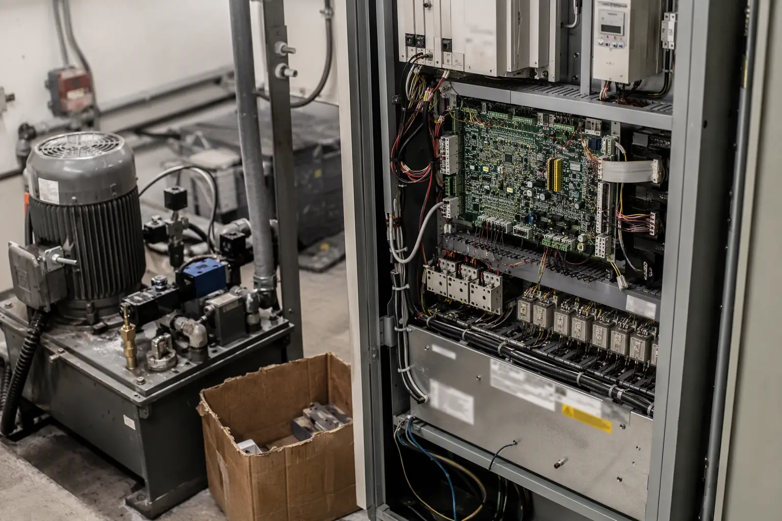 Open elevator controller cabinet in a Florida machine room showing circuit boards, relays, and wiring — components covered differently under full maintenance versus parts and labor contracts