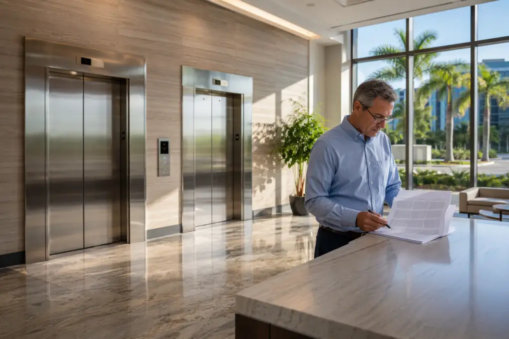 Building manager reviewing a full maintenance elevator contract versus a parts and labor contract in a commercial Florida office lobby with stainless-steel elevator doors