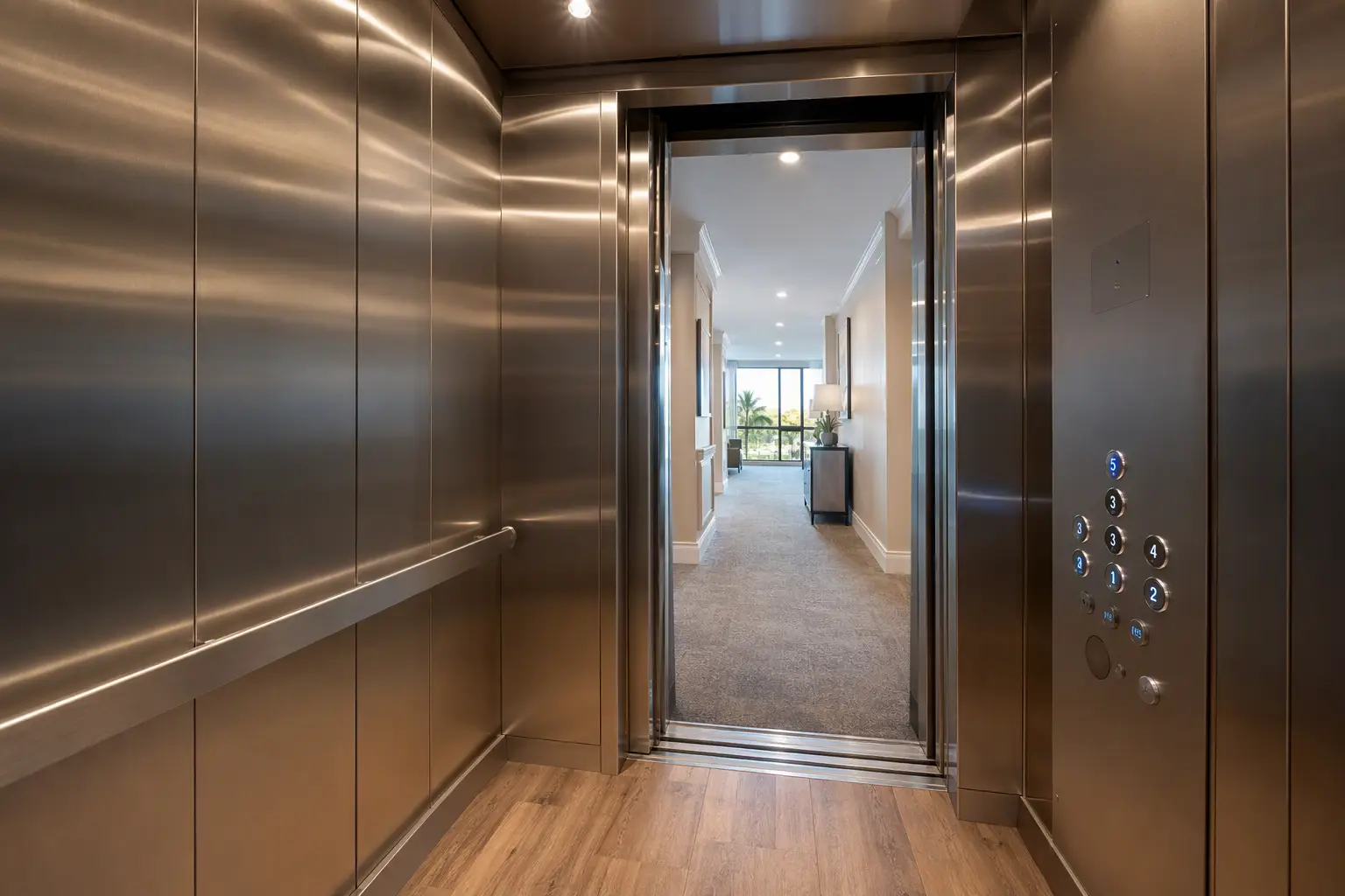 Modernized elevator cab interior with LED lighting and stainless steel fixtures in a Sarasota Florida residential building, representing well-maintained equipment suited to a full maintenance contract