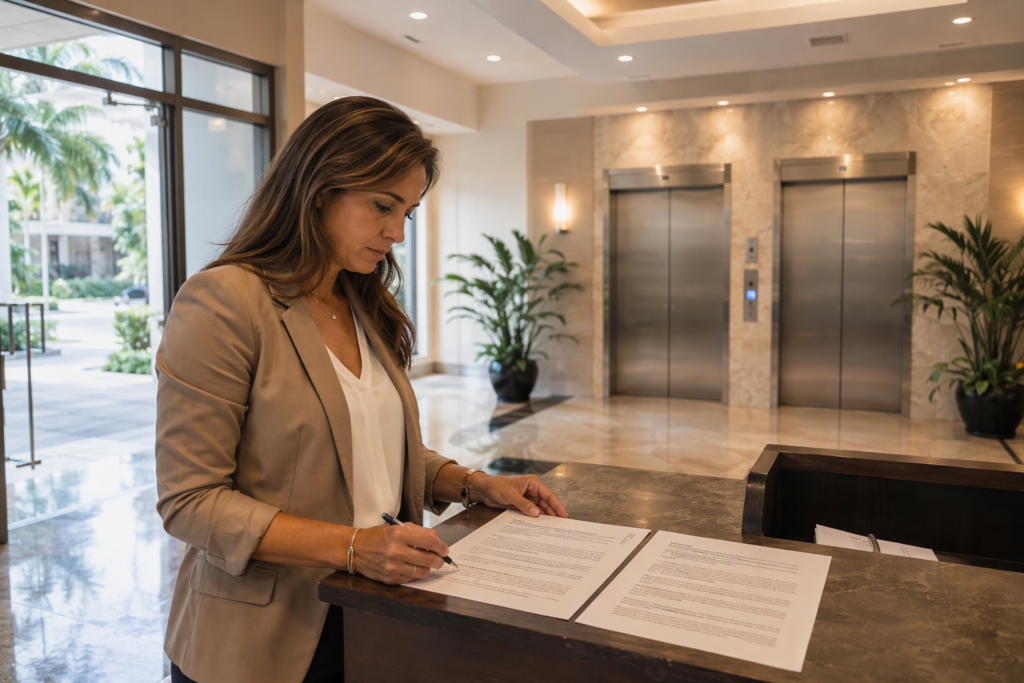 Florida building property manager comparing a full maintenance elevator contract versus a parts and labor contract side by side at a lobby desk, Pompano Beach FL