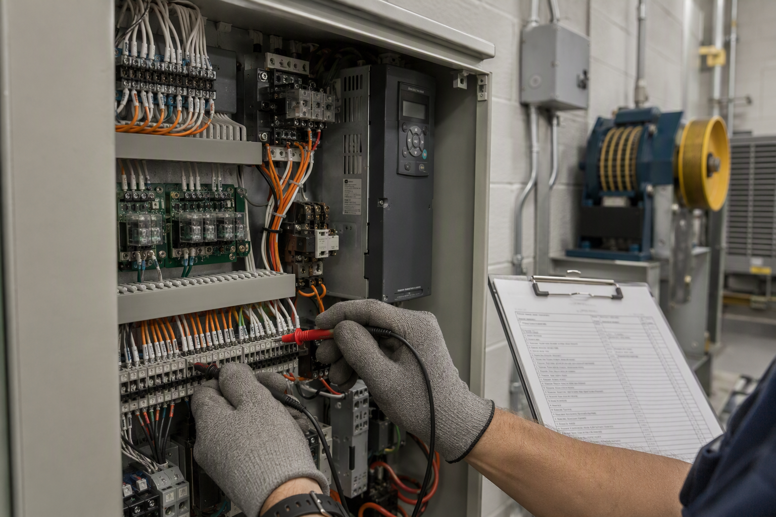 Preventive Maintenance Included Under a Full Maintenance Elevator Contract Elevator technician servicing a controller cabinet during a full maintenance contract preventive maintenance visit inside a Florida building machine room