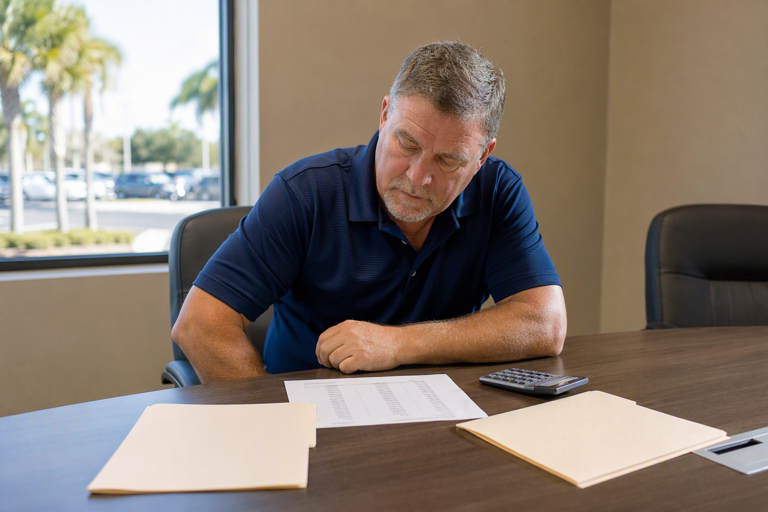 Evaluating Total Annual Cost: Full Maintenance vs. Parts and Labor Florida building facilities manager reviewing a cost comparison spreadsheet to decide between a full maintenance and parts and labor elevator service contract